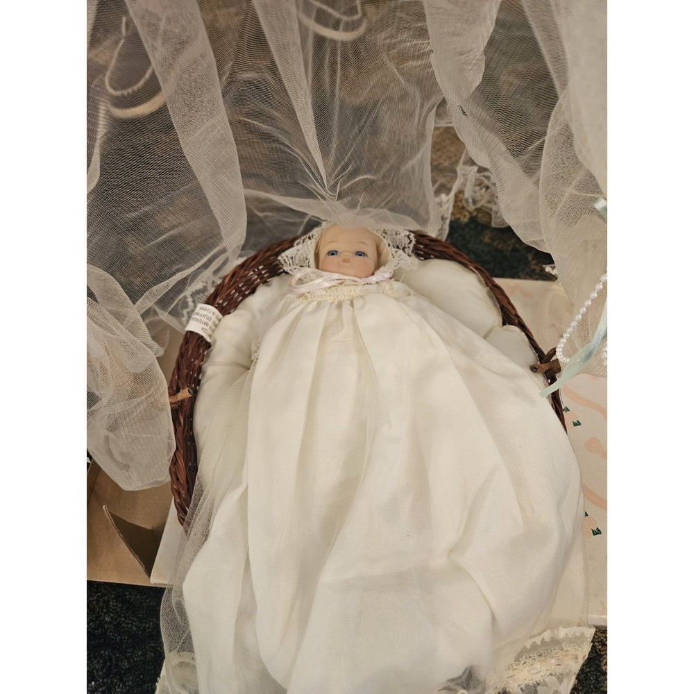 Vintage Motion Musical Porcelain Baby Doll with Canopy Basket